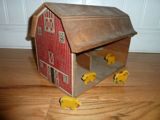 Antique Vintage Stenciled Wood Toy Barn Red & Black 12” X 9.  5” X 8.  5” Early