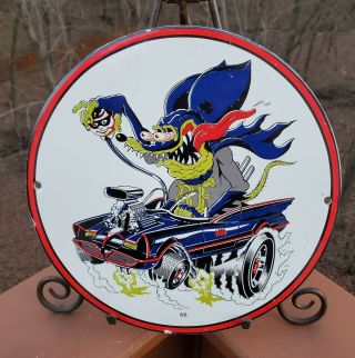 Vintage Porcelain Rat Fink Bat Mobile Robin Gas And Oil Sign