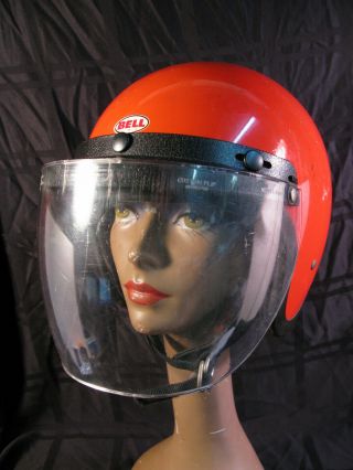 Vintage Orange Bell Magnum Motorcycle Helmet W Face Sheild 1970 Size 6 3/4