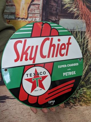 Old Vintage Dated 1954 Texaco Sky Chief Gasoline Porcelain Enamel Fuel Pump Sign