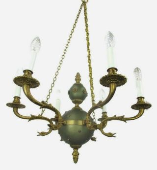 French Empire Pan Chandelier Green Tole Brass 6 Arms Hollywood Regency Ducks Htf