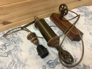 Vintage French Rise & Fall Pulley Wall / Ceiling Light - Wooden & Brass