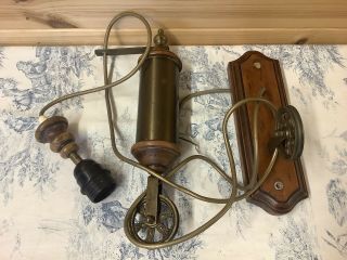 Vintage French Rise & Fall Pulley Wall / Ceiling Light - Wooden & Brass 2