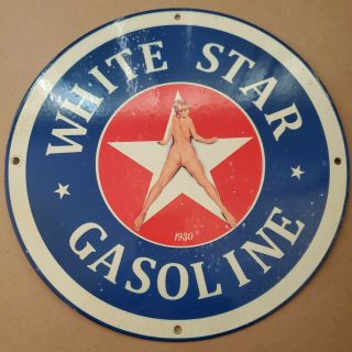 Vintage Porcelain White Star Gasoline Nude Pin Up Man Cave Garage Rare Sign