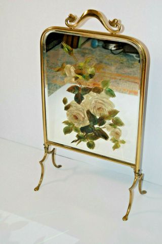 Vintage Fire Screen Guard Art Nouveau French Brass Beveled Mirror Hand Painted