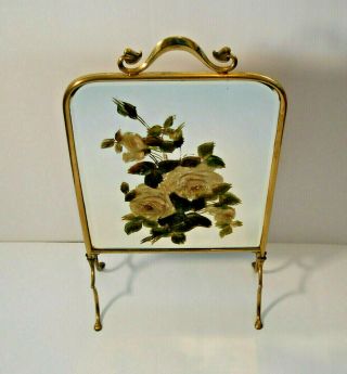 Vintage Fire Screen Guard Art Nouveau French Brass Beveled Mirror Hand Painted 2