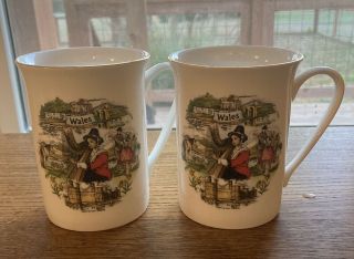Set Of 2 Vintage Fine Bone China White Coffee Tea Mugs Cups Wales England