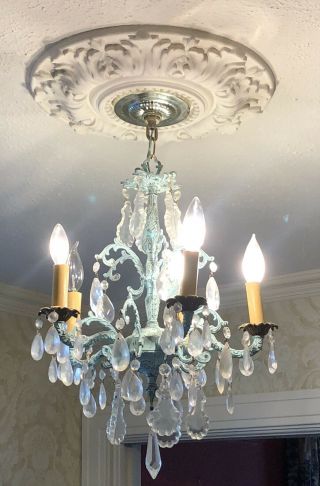 Vintage Blue Prisms Ceiling Light Antique Metal Chandelier Hollywood Regency