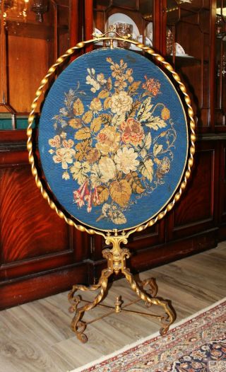 Antique Fancy Wrought Iron And Revolving Needlepoint Fire Or Room Screen