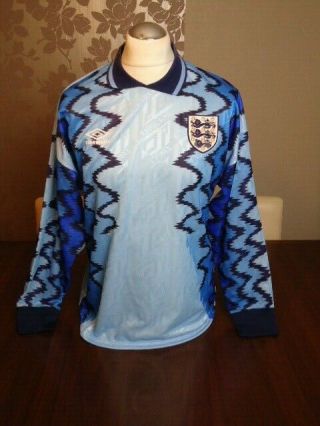 England 1990 Umbro Blue Goalkeeper Shirt Medium Adults Rare Old Vintage