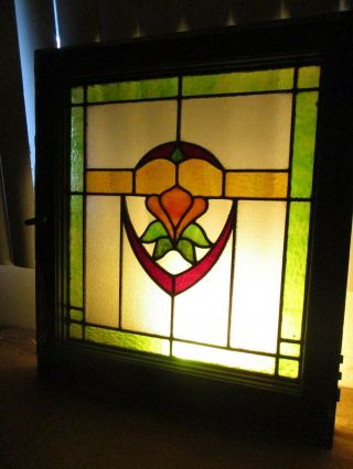 Antique Leaded Flower Stained Glass Window Panel In Old Wood Frame 22 " X 24 " (b)