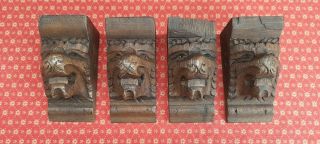 Set Of 4 Antique French Hand Carved Oak Lions Head Corbels / Brackets - C1900