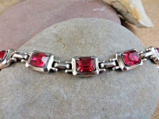Vintage Art Deco Signed Barclay Ruby Red Glass Silver - Tone Tennis Bracelet 206