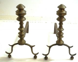 Antique American Federal Brass Andirons Peened With Scroll Feet Circa Mid 1800 