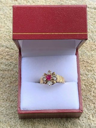 Vintage 9ct Gold Ruby & Cubic Zirconia Cluster Ring