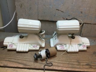 Pair Vintage Paulding? Porcelain Pull Chain Wall Light Fixtures W/ Outlet
