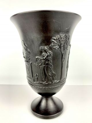 Rare Vintage Wedgwood Grecian Black Basalt Jasperware Footed Vase 7 1/4 "