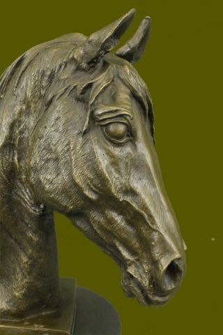 Vintage Bronze Horse Bust On Marble Base Sculpture Statue Figurine Art