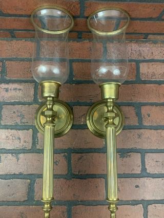 Vintage Pair Solid Brass Wall Sconces Candle Holders Glass Shades 19 "