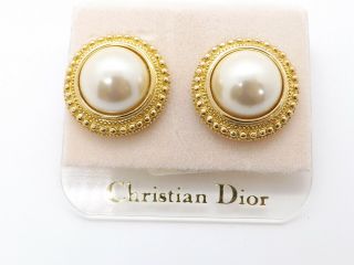 Christian Dior Vtg Nwt Gold Tone Faux Mabe Pearl Clip - On Earrings,  Beaded Frame