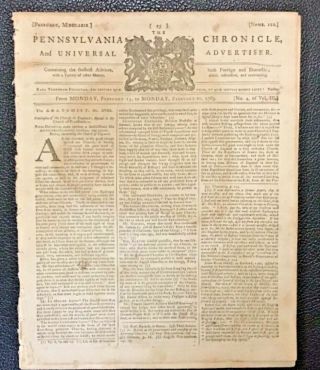 Antique Colonial American Newspaper Pennsylvania Chronicle Feb 20 1769 Aafa