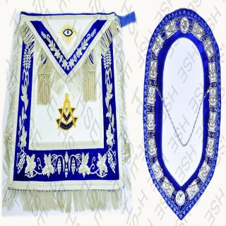 Hand Embroider Masonic Past Master Apron With Collar Royal Blue Velvet - Hse