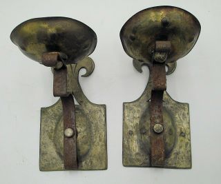Pair Antique Arts & Crafts Hammered Brass Wall Sconces