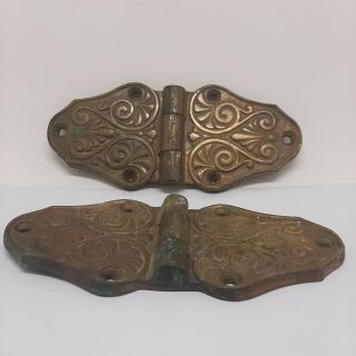 Vintage Antique Ornamental Cast Bronze Or Copper Hinges Heavy 7 " X 3 " Set Of 2