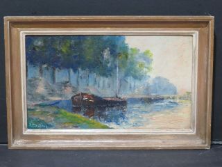 French Impressionist Oil Circa 1940 River Landscape Indistinctly Signed Vintage