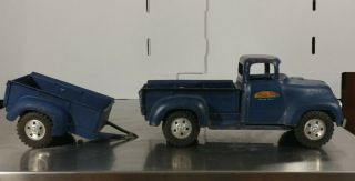 Vintage Pressed Steel Blue Tonka Toys 1957 Step side Pickup Truck and Trailer 2