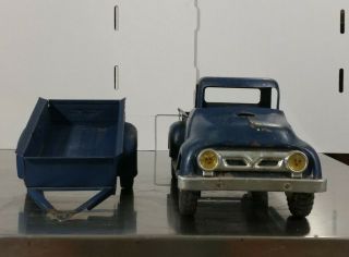 Vintage Pressed Steel Blue Tonka Toys 1957 Step side Pickup Truck and Trailer 3