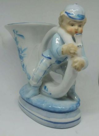 Vintage L&m Porcelain Victorian Planter Vase Boy Blowing Horn