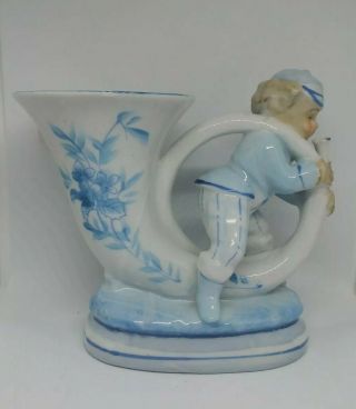 Vintage L&M Porcelain Victorian Planter Vase Boy Blowing Horn 2
