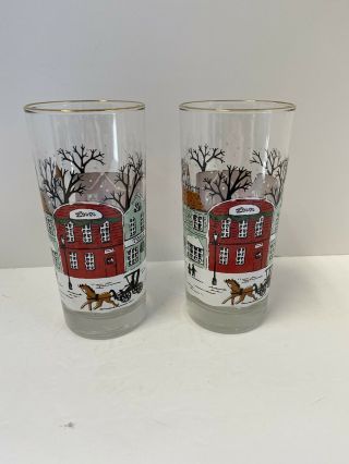 Two Vintage Clear Glass Christmas Winter Holiday Village Snow Scene