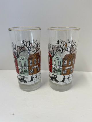 Two Vintage Clear Glass Christmas Winter Holiday Village Snow Scene 3
