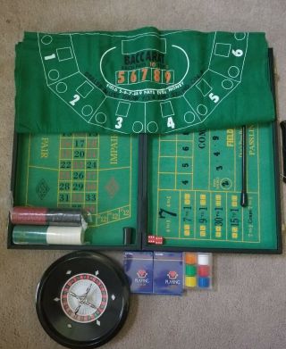 Vintage Casino Gambling Portable Briefcase Game Set,  Roulette,  Craps,  21,  Baccarat,