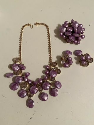 Vintage Julianna D&e Purple Rhinestones Necklace Brooch And Earring Set
