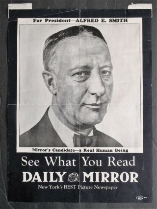 Rare York Newspaper Daily Mirror 1928 Poster For President Alfred E Smith