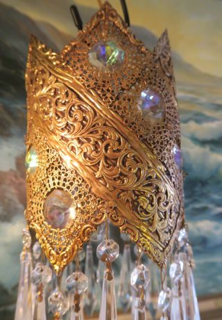 Crystal Swag Ab Lamp Vintage Chandelier Tole Brass Jeweled Filigree Hollywood