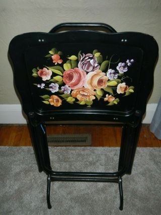 Vintage Metal Tv Trays With Stand Black With Flowers Floral Set Of 3 Retro Decor