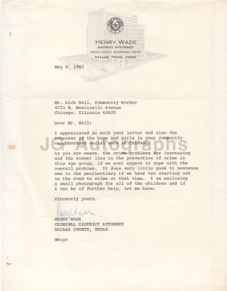 Henry Wade - Dallas District Attorney,  Jack Ruby - Signed Letter (tls),  1967