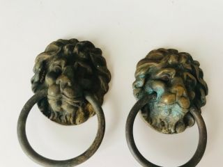 Pair Vintage Antique Brass Lions Head Escutcheon Door Knocker / Chest Pulls X 2