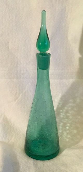 Vintage Blenko Decanter Aqua Blue/green Crackle Glass With Stopper 10 - 1/2 Inch