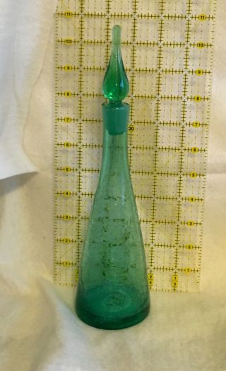 Vintage Blenko Decanter Aqua Blue/Green Crackle Glass With Stopper 10 - 1/2 inch 2