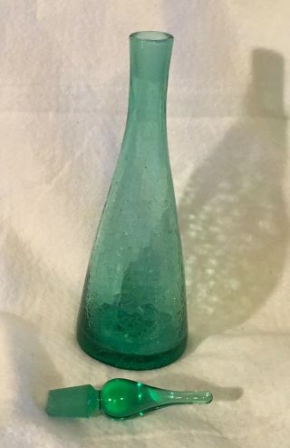 Vintage Blenko Decanter Aqua Blue/Green Crackle Glass With Stopper 10 - 1/2 inch 3