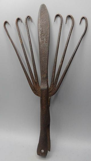 Antique Mid 19th C Hand Forged Wrought Iron Eel Spear - 7 TINE - Patina VG Cond 2