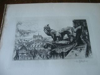 1929 Art Print - John Taylor Arms Of Paris Sentinels Cathedral Gargoyles Etching