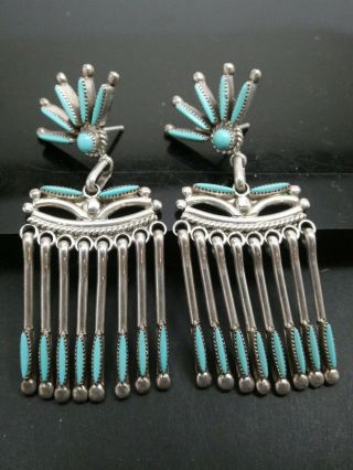 Vintage Zuni Native American Sterling Petit Point Turquoise Dangle Earrings