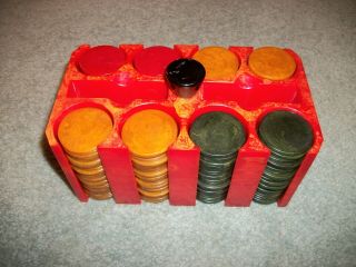 Vintage Red Bakelite Catalin Poker Caddy With 200 Chips