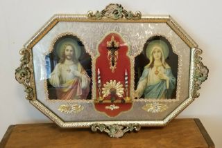 Antique Vtg Virgin Mary Jesus Framed Art Religious Bubble Art Nouveau Diorama